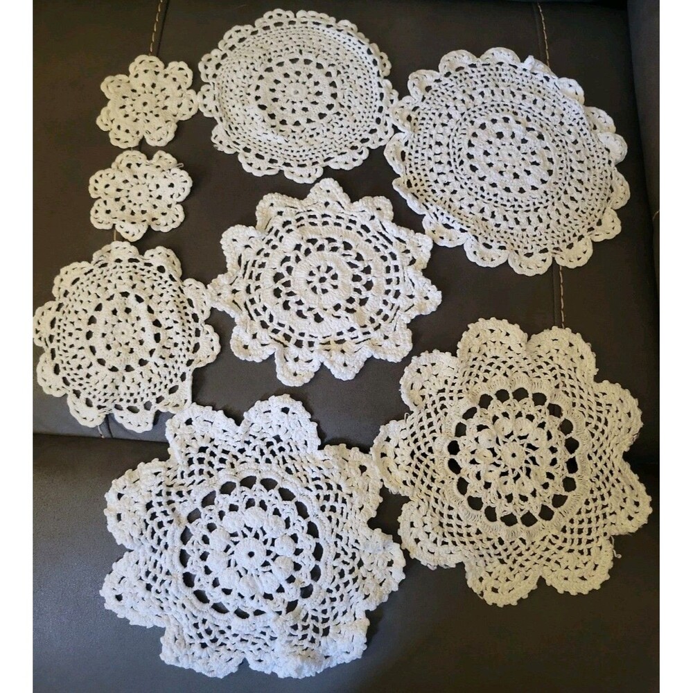Lot of 8 Vintage White Hand Crocheted Doilies Grammacore - Various Sizes